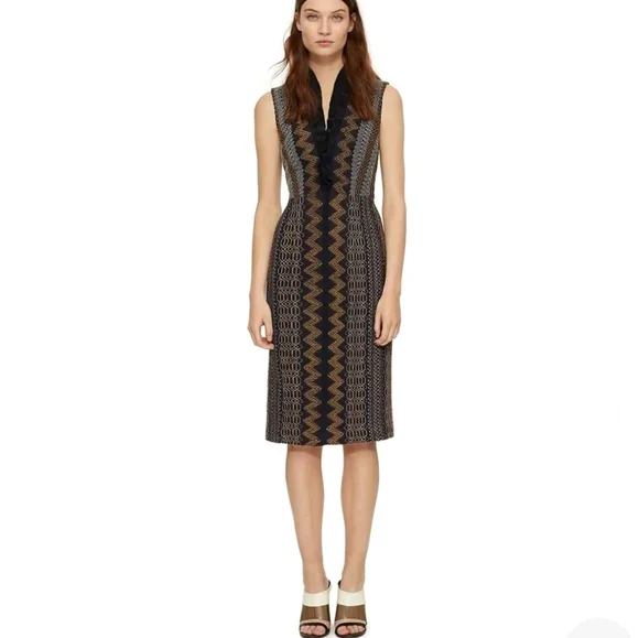 Tory Burch Smocked Sheath V Neck Threadwork Geometric Navy Blue Midi Dress